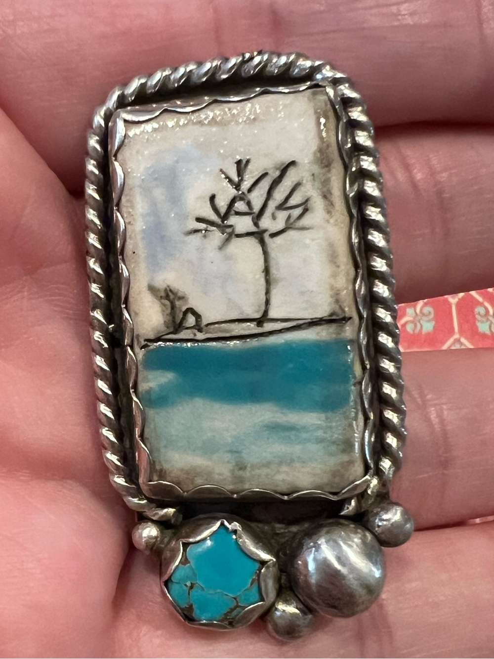 Tile & Turquoise Accent Silver ring - Blue and White